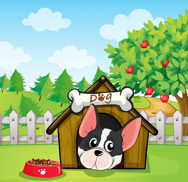 Un perro dentro de una casa de perros en un patio trasero con un manzano — Vector de stock