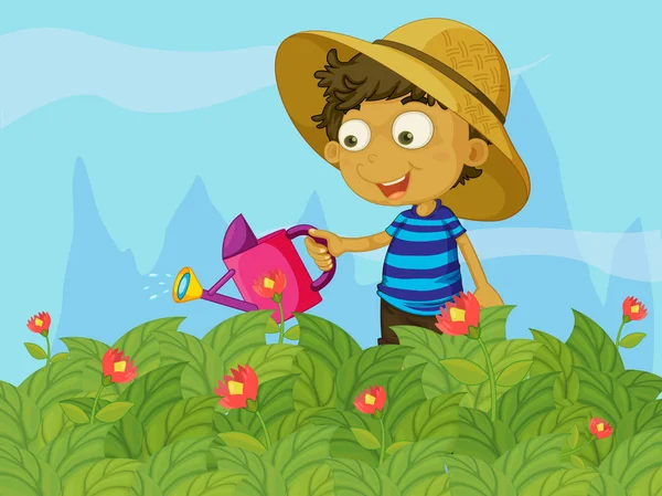 Un niño regando las plantas en un jardín — Vector de stock