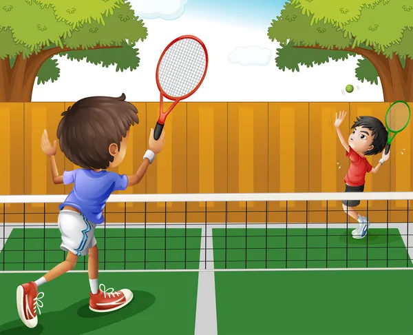 Dos chicos jugando al tenis — Vector de stock