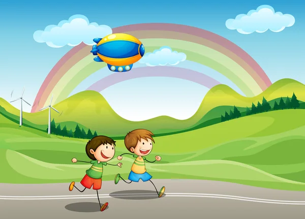 Niños corriendo con una aeronave encima — Vector de stock