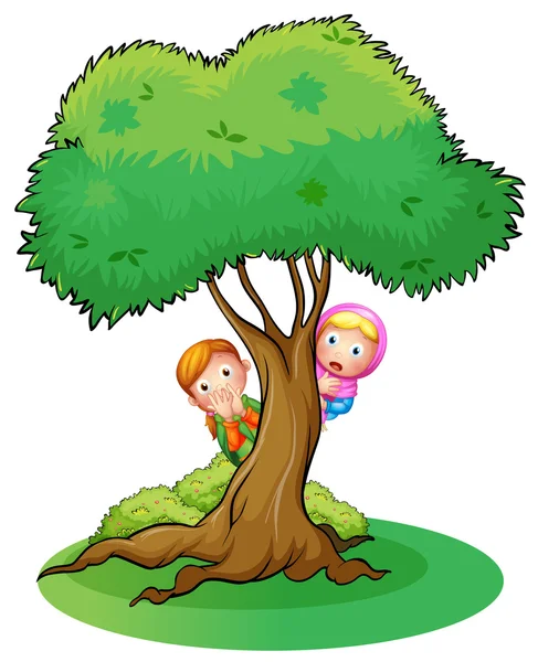 Kids hiding at the big tree — Stock Vector