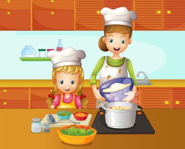 Anne ve kızı pişirme