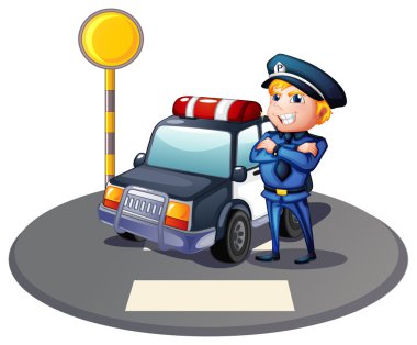 bir polisin yanında sarı bir karakol ile bir polis arabası