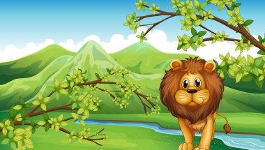 Aslan ve bir nehir Dağ Manzaralı