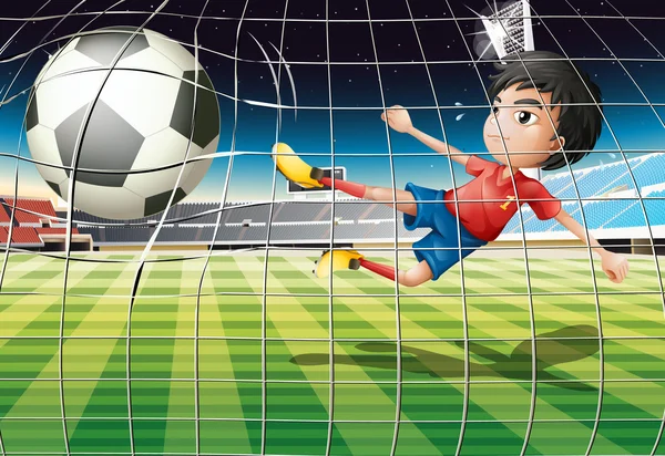 Ένα αγόρι που κλωτσάει την μπάλα στο γήπεδο ποδοσφαίρου — Διανυσματικό Αρχείο