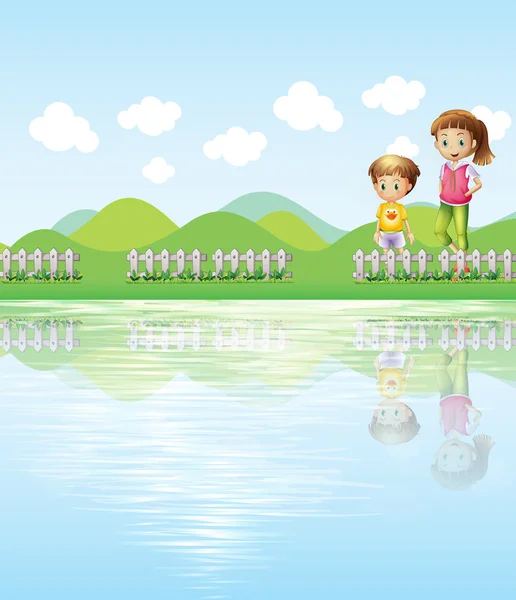 Um menino e uma menina observando o lago — Vetor de Stock