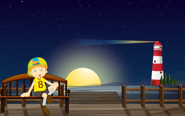 一个男孩坐在长凳在深夜 — 图库矢量图片