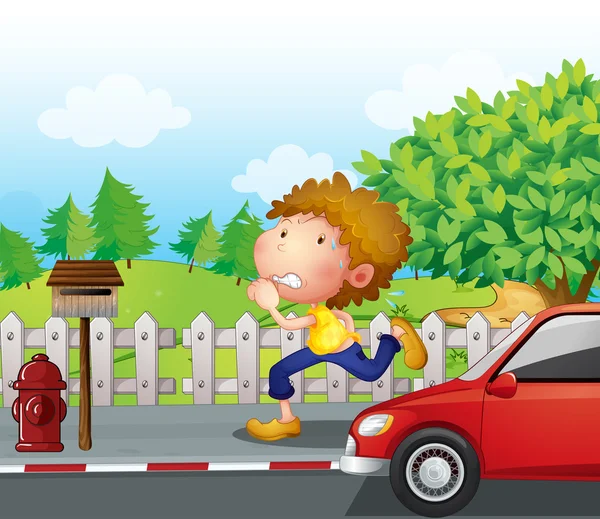 A boy running at the street with a mailbox — Stock Vector