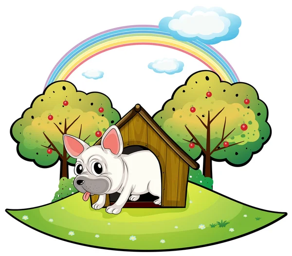 A dog inside the dog house with an apple tree at the back — Stock Vector