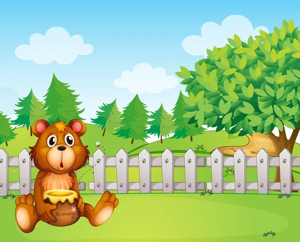A bear holding a honey at the backyard — Stock Vector
