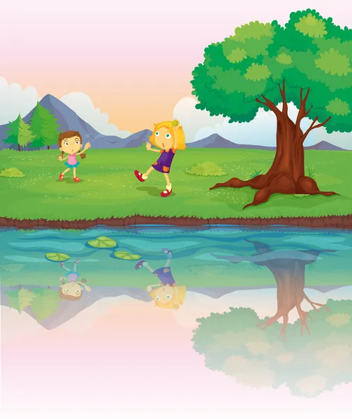 The two girls at the riverbank — Stock Vector