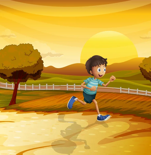 A view of the afternoon with a young boy running — Stock Vector