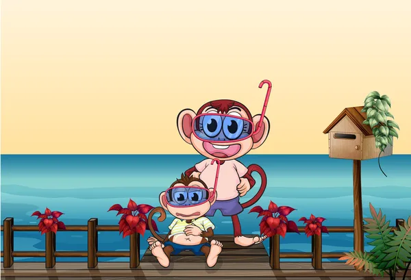 Ένα μικρό και ένα μεγάλο μαϊμού στη γέφυρα — Διανυσματικό Αρχείο
