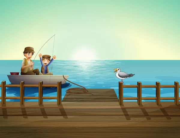 Un padre y un niño pescando cerca del puente — Vector de stock