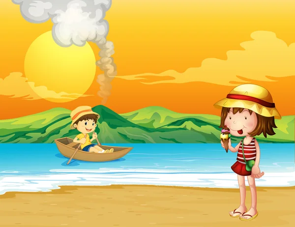 A boy in a wooden boat and a girl at the seashore — Stock Vector