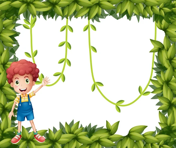 Un ragazzo che mostra la cornice frondosa con piante di vite — Vettoriale Stock