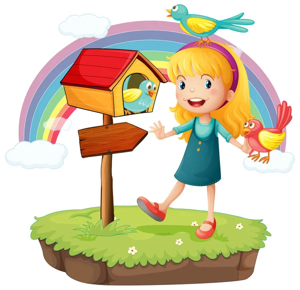 Ένα κορίτσι εκτός από ένα ξύλινο γραμματοκιβώτιο με τρία πουλιά — Διανυσματικό Αρχείο