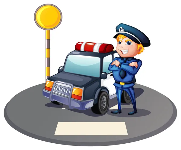 A cop beside a police car with a yellow outpost — Stock Vector