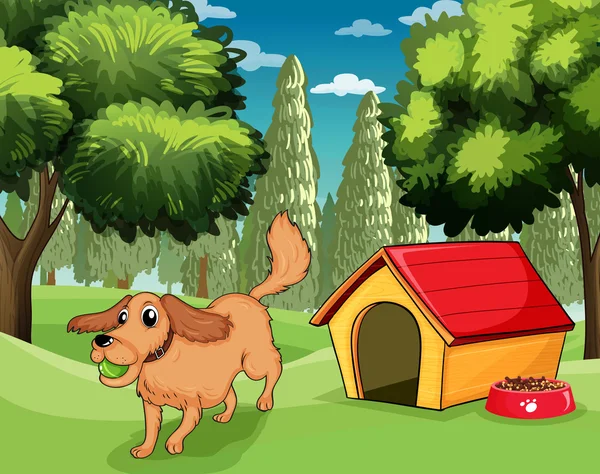 Un perro jugando fuera de una casa de perros — Vector de stock