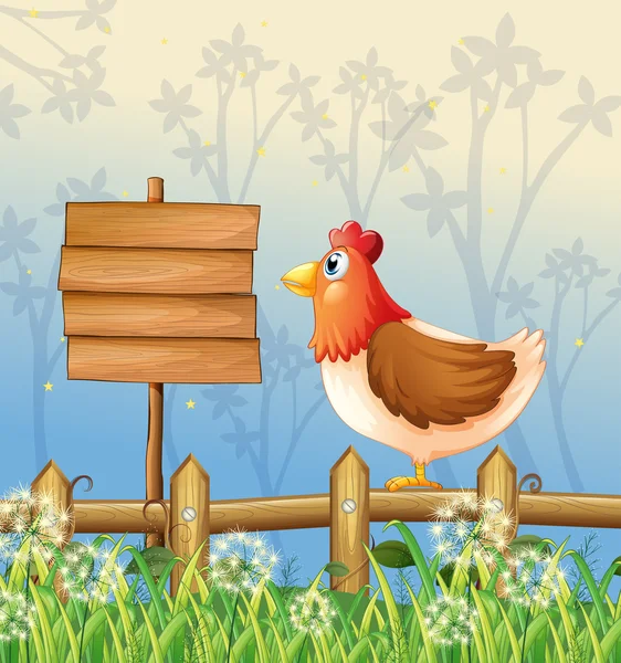 A hen above a wooden fence facing a wooden signboard — Stock Vector