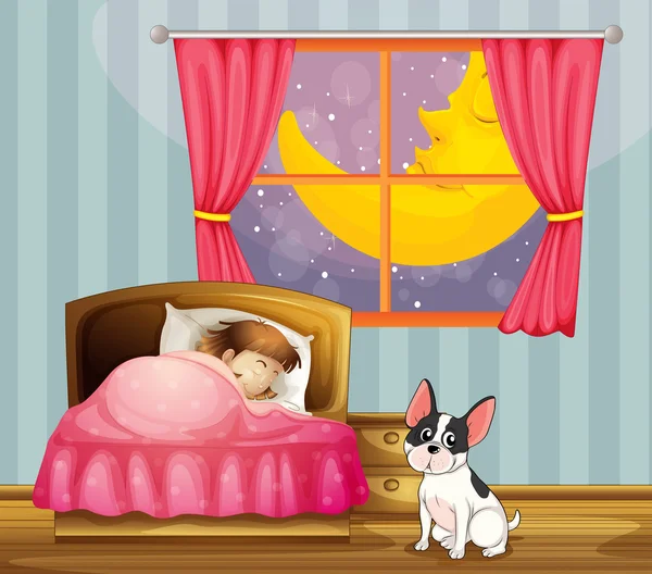 Una chica durmiendo en su habitación con un perro — Vector de stock