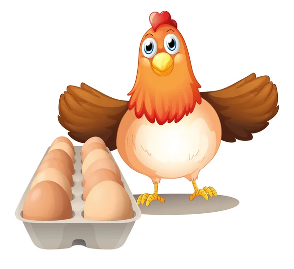 Una gallina con huevos en la bandeja — Vector de stock