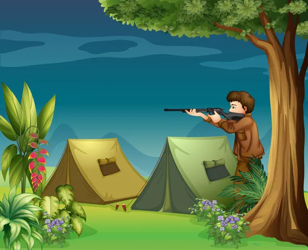 A hunter in a campsite — Stock Vector