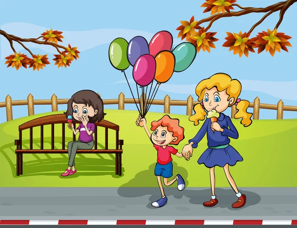 Δύο κορίτσια με ένα παιδί που κρατά ένα μπαλόνι στο πάρκο — Διανυσματικό Αρχείο