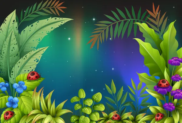 Cinco bichos en una selva tropical — Vector de stock