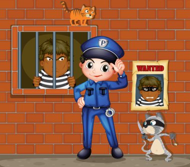 bir polis memuru önünde iki kedi ile a hapishane