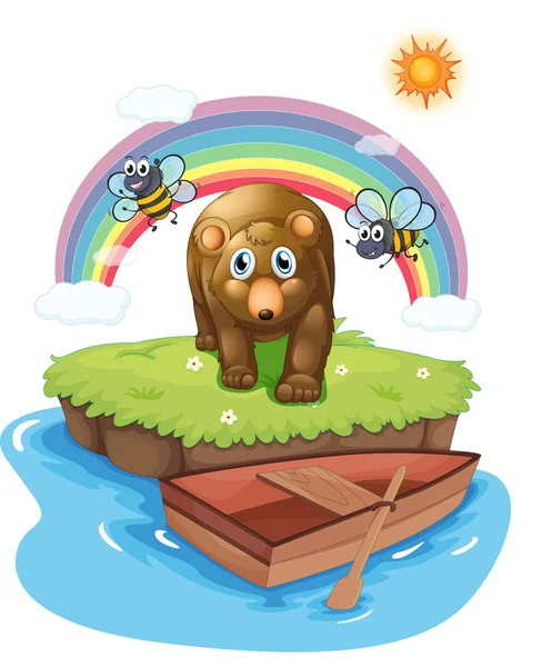 A brown bear and the wooden boat — Stock Vector