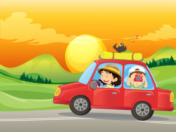 Bir kız ve bir oğlan kırmızı bir Araba sürme — Stok Vektör