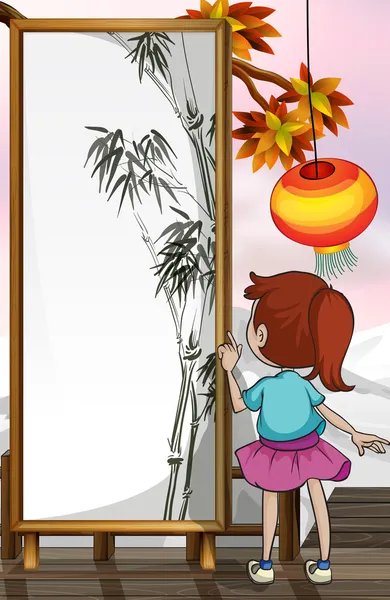 Дівчина перед бамбуковою картиною — стоковий вектор
