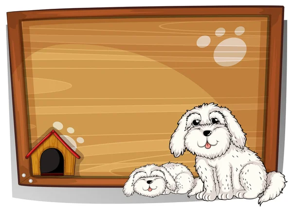 Two white dogs in front of a wooden board — Stock Vector