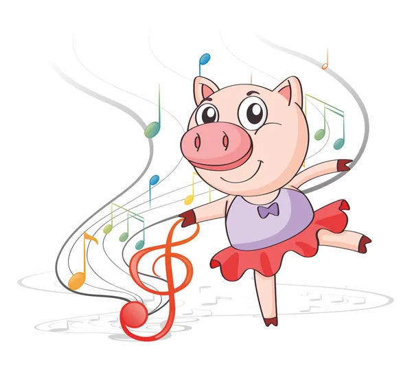 Un cerdo bailando con notas musicales — Vector de stock