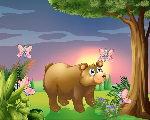 Um urso debaixo da árvore com quatro borboletas — Vetor de Stock