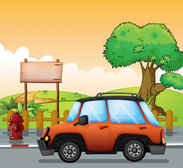 Una macchina arancione lungo la strada con un cartello in legno — Vettoriale Stock