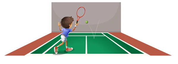 一个男孩在法院打网球 — 图库矢量图片