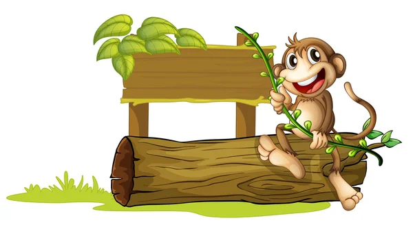 Opice sedící s dřevěné vývěsní štít — Stockový vektor