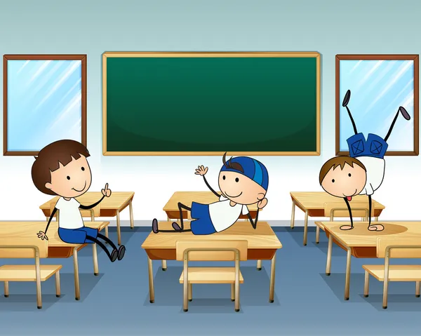 Three boys playing inside the classroom — Stock Vector