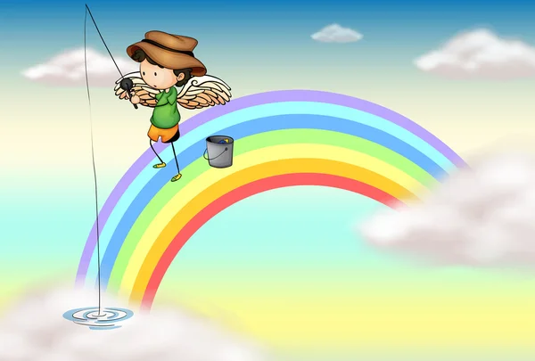 Um anjo pescando acima do arco-íris — Vetor de Stock