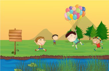 Arkadaki çocuklar bir grup ile boş bir tabela