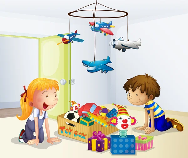 A boy and a girl playing inside the house — Stock Vector