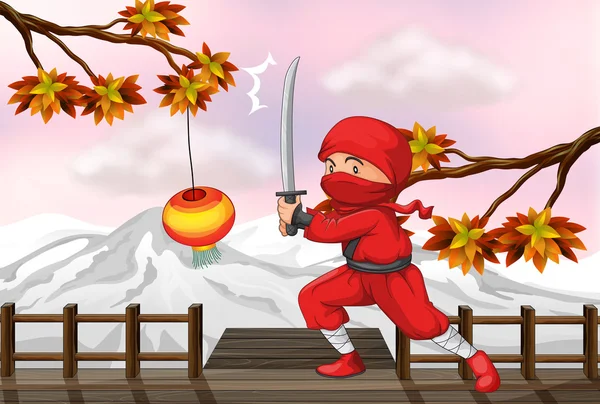 Un ninja rojo con una espada en el puente de madera — Vector de stock