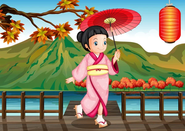 Uma senhora usando um quimono rosa com um guarda-chuva —  Vetores de Stock