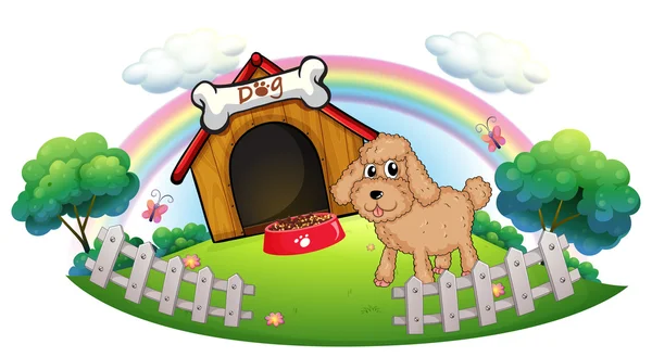 A puppy near a wooden doghouse with bone — Stock Vector