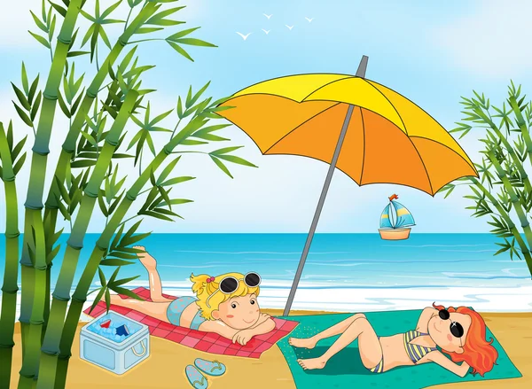 Duas meninas encantadoras relaxando na praia — Vetor de Stock