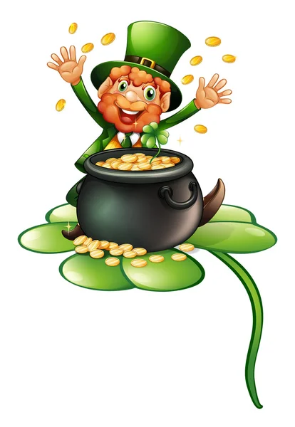 An old man in a green attire with a pot of coins — Stock Vector