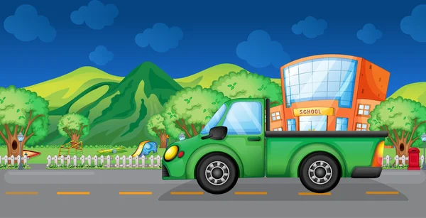 Зеленый грузовик рядом со школой — стоковый вектор