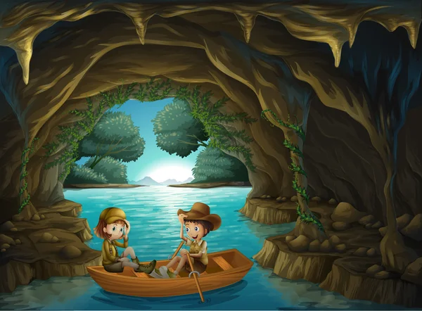 A cave with two kids riding in a wooden boat — Stock Vector